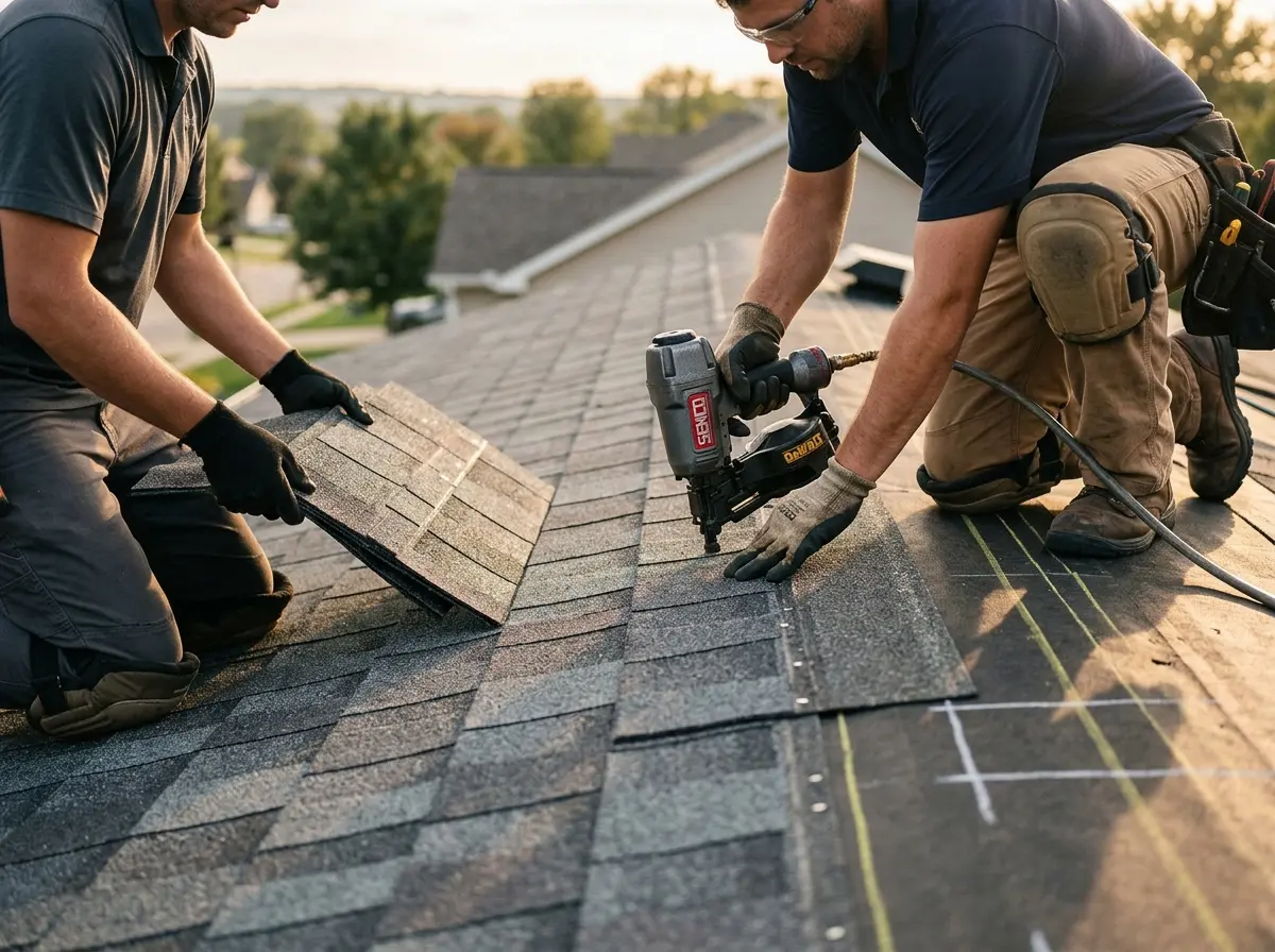 Professional roofer working on a residential roof in Cameron